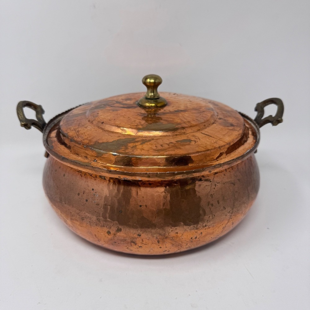 Vintage Hand Hammered Copper Pot w Lid Brass Handles Tin Lined European Cookware